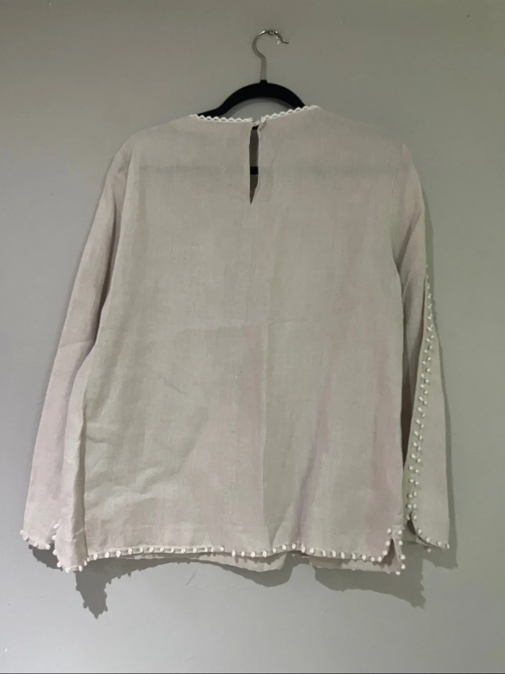 J.Crew Linen Pom-Pom Fringe Long Sleeve Blouse
